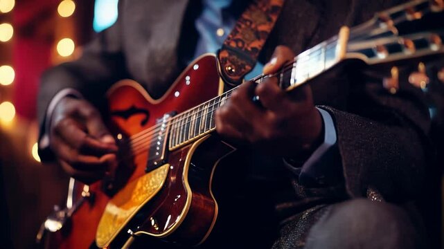A man is playing a guitar. The guitar is brown and has a strap