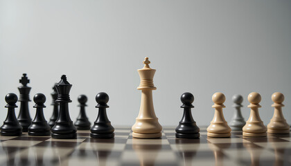 Chess Strategy: A single white king stands tall and defiant, facing off against a formidable line of black chess pieces. The strategic tension is palpable, with the king's fate hanging in the balance.