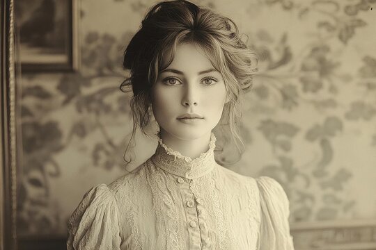 vintage wet plate collodion portrait of elegant victorian woman, sepia tones, authentic period costume, dramatic chiaroscuro lighting