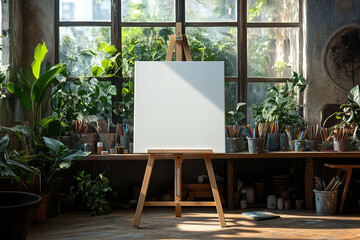 Blank canvas on wooden easel in sunlit art studio with lush greenery