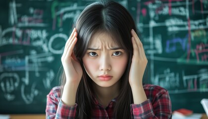 Asian Student Feeling Overwhelmed And Contemplating Her Issues In A Classroom Setting. The Stress Of School Weighing Heavily On Her Mind.