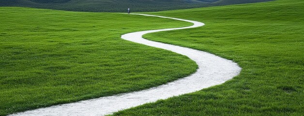 Obraz premium A peaceful green field stretches into the distance with a winding path. A person rides a bike along the trail, embodying a spirit of outdoor adventure on a clear day