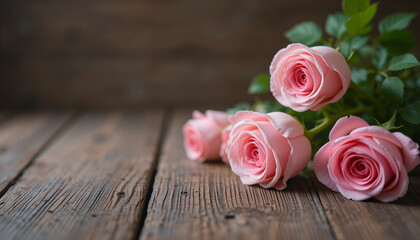 Elegant Rose Flowers on Wooden Background with Copy Space for Romantic Designs
