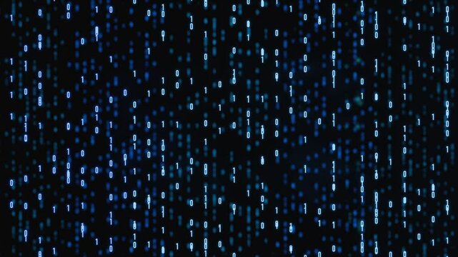 Floating binary code, big data, bit and byte, abstract digital data. Computer language, technology, algorithm, dual, digital assets, system, in order, transfer, processing. 3D animation