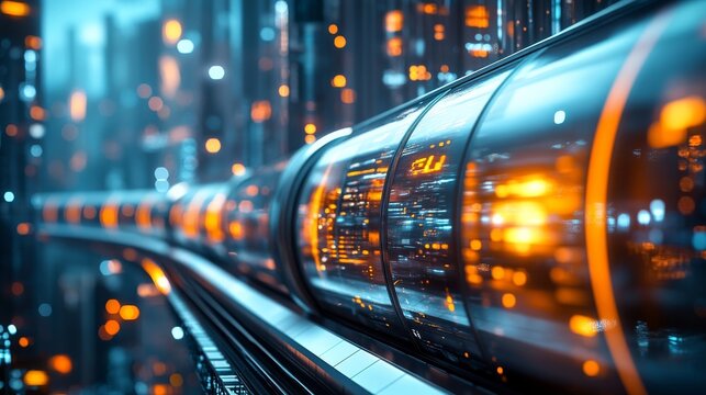 A futuristic hyperloop transport system with intricate details, featuring glowing orange lights and a sleek, transparent design against a city backdrop