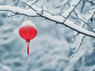 Red paper lantern in snowy tree