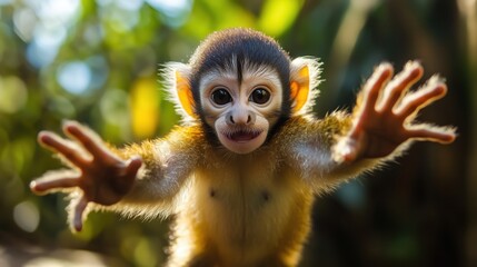 Naklejka premium The monkey’s tiny hand stretches forward as it plays, its lively expression highlighted by the warm sunlight filtering through the trees in its natural home.