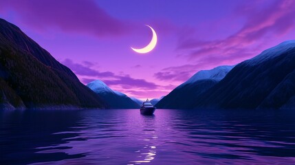 Cruise ship sailing through a tranquil fjord under a crescent moon, with snowy mountains and a vivid twilight sky.