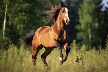 Horsepower in Motion: Bay Horse Galloping on Grass in Nature - Equestrian and Equine Mammal Photography