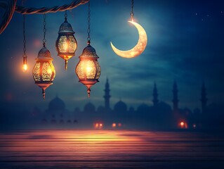 Obraz premium Illuminated Lanterns Hanging Against Night Sky and Mosque