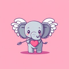 Fototapeta premium Cute winged elephant Cupid holding heart; Valentine's Day card