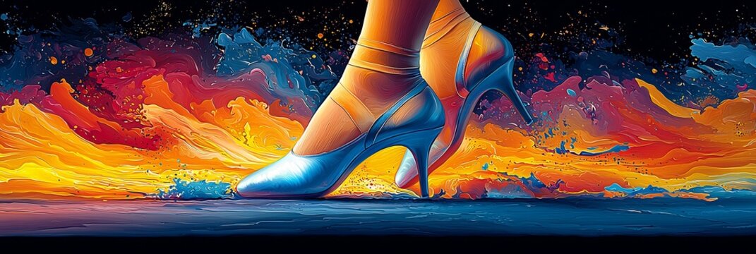 Vibrant abstract vector of dancer in a pli with pointe shoes leg warmers and warm up gear scattered on the floor