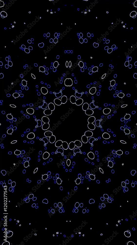 Poster hypnotic kaleidoscope pattern featuring glowing neon rings arranged in circular symmetry against a b