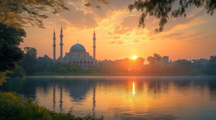 Fototapeta premium Sunrise Mosque Lake Reflection Peaceful Dawn Cityscape