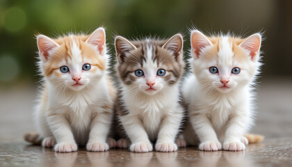 Group of three cute, small kittens isolated on transparent background