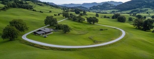 On a bright sunny day, a winding road cuts through lush, green hills in the Alps. Cars travel along the curved path surrounded by vibrant grass and rolling landscapes