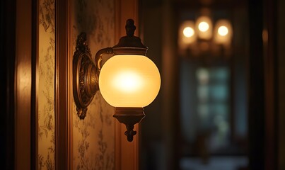 A vintage wall lamp with a warm yellow glow illuminates a room at night