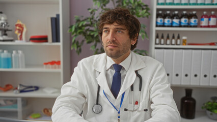 Young man doctor in white coat with stethoscope sits thoughtfully in modern hospital clinic room filled with medical equipment, documents, and plants.