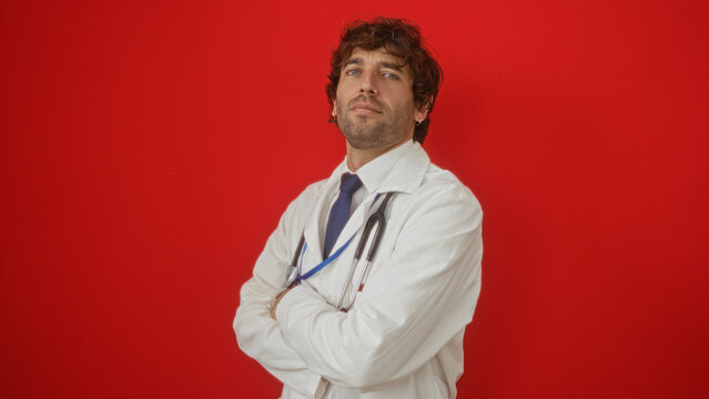 Handsome man crossing arms confidently against bold red background wearing a professional medical attire showcasing strength and assurance