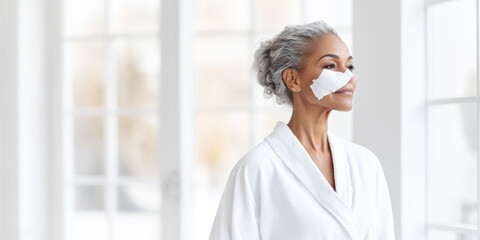Elderly black woman with bandages on nose standing by window
