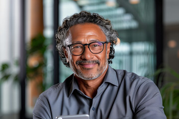 Portrait of a smiling man with gray curly hair wearing glasses, a digital data overlay effect suggesting modern technology and innovation