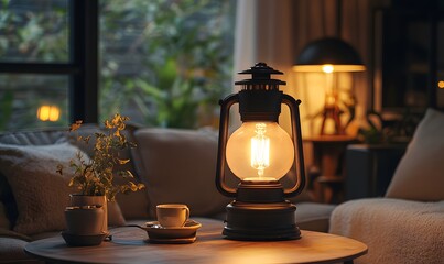 Cozy evening scene with a vintage lantern and a warm cup on a wooden table