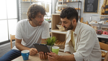 Obraz premium Men engaging in conversation over a tablet in a cozy bakery, surrounded by various pastries and beverages, highlighting their close relationship and the warm, inviting cafe atmosphere.