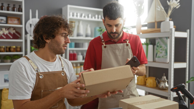 Men working together as shop assistants in a home decor store, handling packages and organizing items, showcasing teamwork and customer service in an interior retail environment