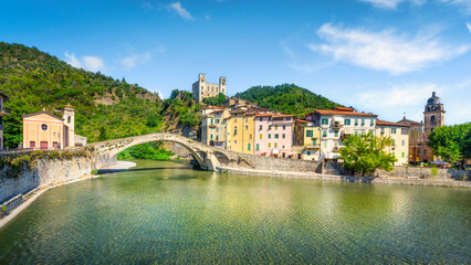 Old Bridge, church and castle in Dolceacqua. Province of Imperia, Liguria region, Italy