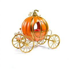 A gold-and-orange pumpkin-shaped carriage with ornate scrollwork. Ideal for fairytale themes or children?s stories.