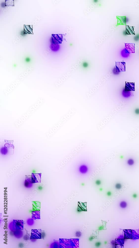 Poster A soft abstract design featuring glowing purple and green particles with floating squares scattered across a white background, creating a futuristic and dreamy aesthetic. Vertical video animation
