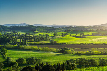 Fototapeta premium Panoramic view of the Buonconvento countryside from the Route of Via Francigena. Tuscany, Italy