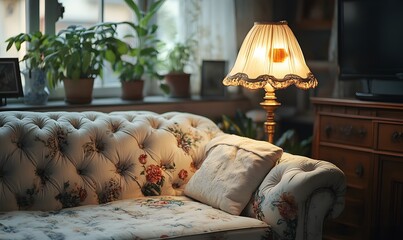 Cozy living room with a floral couch, lamp, plants, and wooden furniture create a warm ambiance