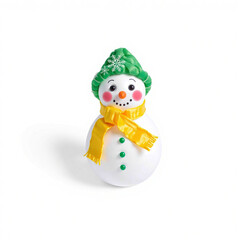 A cute, festive snowman with a yellow scarf and green hat. This holiday design is perfect for seasonal branding and mockups.