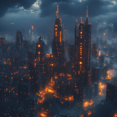 Futuristic urban skyline with glowing AI symbols embedded in the architecture. Bright lighting, contrast