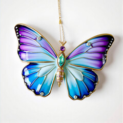 A delicate butterfly ornament with wings enameled in vibrant blues and purples, adorned with tiny gemstones. Perfect for nature, art, or luxury blogs.