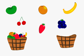 A colorful digital illustration of various fruits and two baskets. The image features apples, oranges, cherries, bananas, strawberries, and blueberries in a semi-realistic style. One basket is filled 