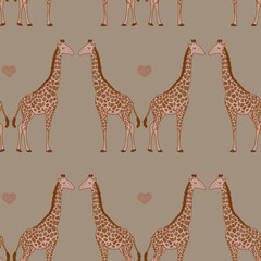 Silhouettes of two giraffes, romantic African animals on a green background. Seamless wallpaper pattern. Hand drawn zoo graphic illustration