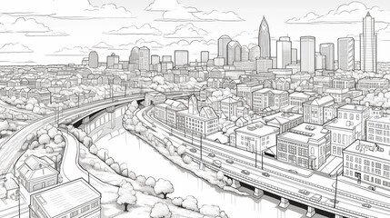 Croquis, dessin d'architecte. Croquis noir et blanc d'une grande ville avec fleuve et building. Papier, crayon. Pour conception et cr&eacute;ation graphique.