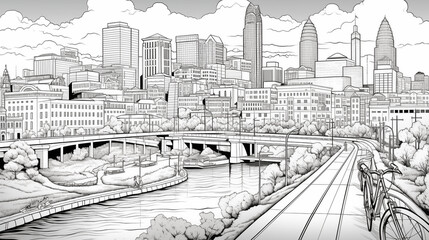 Croquis, dessin d'architecte. Croquis noir et blanc d'une grande ville avec fleuve et building. Papier, crayon. Pour conception et cr&eacute;ation graphique.