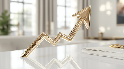 An upward arrow graph made of gold, placed on a clean white surface, symbolizing sales growth.