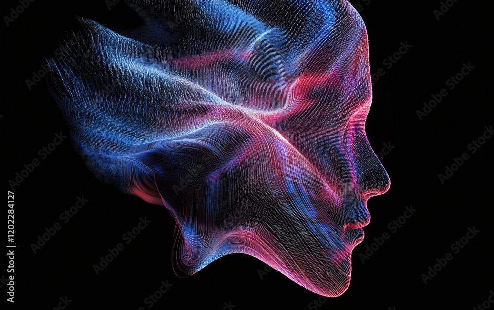 Poster 3d rendering of an abstract face made from digital pixels, set against a black background, symbolizi