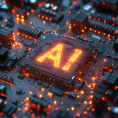 Inscription "AI" integrated into a glowing circuit board, minimalist and futuristic. Bright lighting, contrast