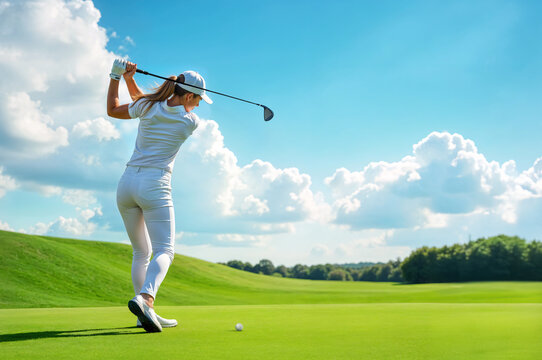 Female golfer mid-swing to hit a golf ball in a golf field view from behind