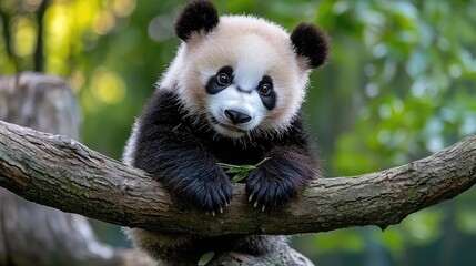 Fototapeta premium Cute panda cub on branch, bamboo forest background, wildlife conservation