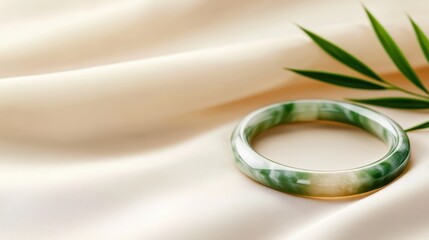 A serene jade bracelet lies on a creamy fabric, accompanied by a green leaf, capturing harmony and...