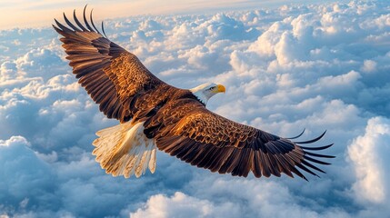 Majestic eagle soaring through vibrant clouds at sunset above a serene landscape