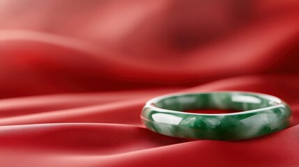 A glossy jade ring rests on luxurious red silk fabric, showcasing vibrant green tones and capturing...