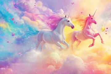 Obraz premium Whimsical Unicorns in Rainbow Sky: Magical Fantasy Scene