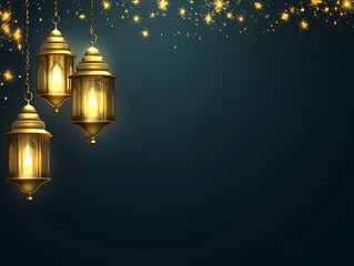 Golden Lanterns Hanging Against Dark Background With Sparkling Lights